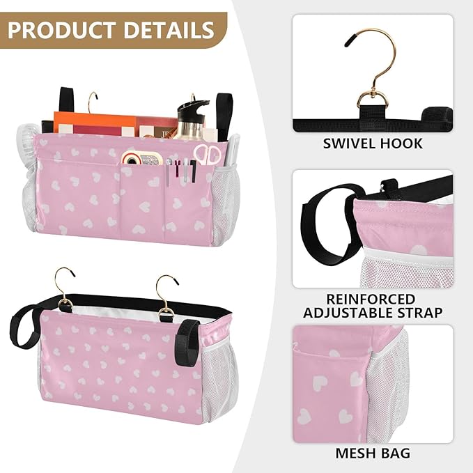 CuwrYet Bedside Caddy Hanging Bunk Bed Caddy Bed Organizer Hanging Pocket with 2 Hooks Bedside Storage Organizer Pocket Bag Holder Heart Pink