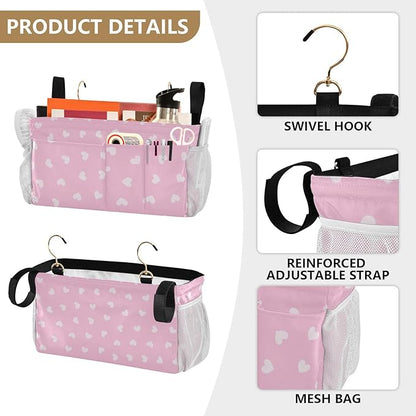 CuwrYet Bedside Caddy Hanging Bunk Bed Caddy Bed Organizer Hanging Pocket with 2 Hooks Bedside Storage Organizer Pocket Bag Holder Heart Pink