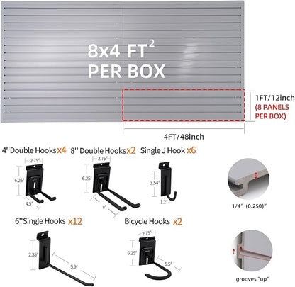 Slatwall Panels 4'x8' Garage Slat Wall Storage Systems with 26 Slatwall Accessories, PVC Grey Slat Wall Paneling for Retail Display, Garage Storage, Guitar Shop, Home Storage