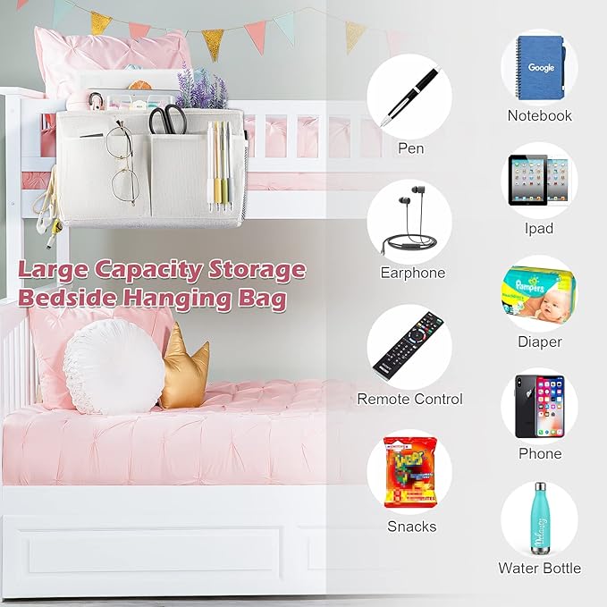 Frjjthchy Bedside Caddy Hanging Storage with Water Bottle Holder for Bunk Bed Hospital Bed Dorm Rooms (White)