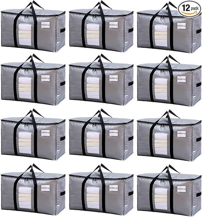 TAILI Extra Large Moving Bags, 12 Pack Silver Heavy Duty Totes for Storage with Visible Window, Wrap Around Handles, Storage Bags for Space Saving, Alternative to Moving Boxes