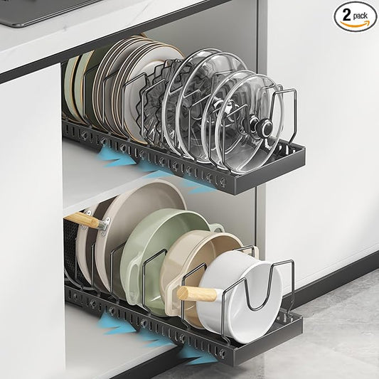 Pull-Out Pots and Pans Organizer, 2 Pack Under Cabinet Pot Lid Holder, Slide Lid Organizers Inside Cabinet, Pot Lid Organizer for Kitchen, Bakeware, Dishes, 10 Adjustable Dividers - Black