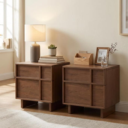 YESWOOD Solid Wood Nightstand Set of 2, Walnut Nightstand with Drawers, Mid Century Modern Nightstands, Wood Bedside Table for Small Space. Boho Night Stand, Fluted Night Stands for Bedroom, 18.90" H