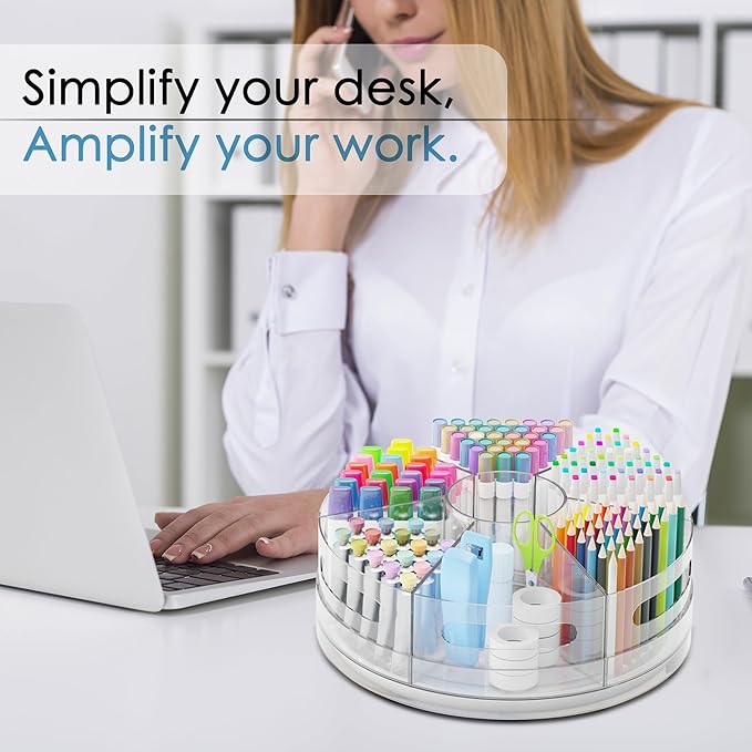 Rotating Desk Organizer, 360° Acrylic Pen Organizer for Desk with 7 Removable Compartments, Extra-Large Pen Holder for Office Supplies, Markers, and Art Supplies, Clear Pencil Holder