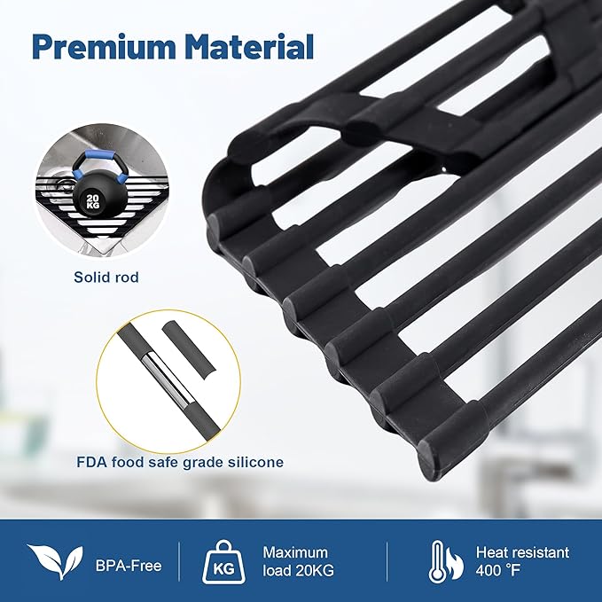 Triangle Roll Up Dish Drying Rack with Silicone Coated and Stainless Steel Over The Sink, Foldable, Anti-Rust and Anti-Slip Kitchen Drainer & Organizer for Top of Sink Corner, Black