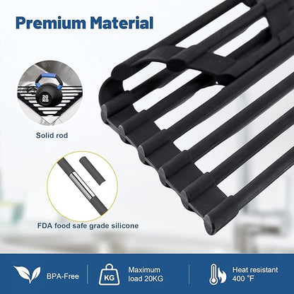 Triangle Roll Up Dish Drying Rack with Silicone Coated and Stainless Steel Over The Sink, Foldable, Anti-Rust and Anti-Slip Kitchen Drainer & Organizer for Top of Sink Corner, Black