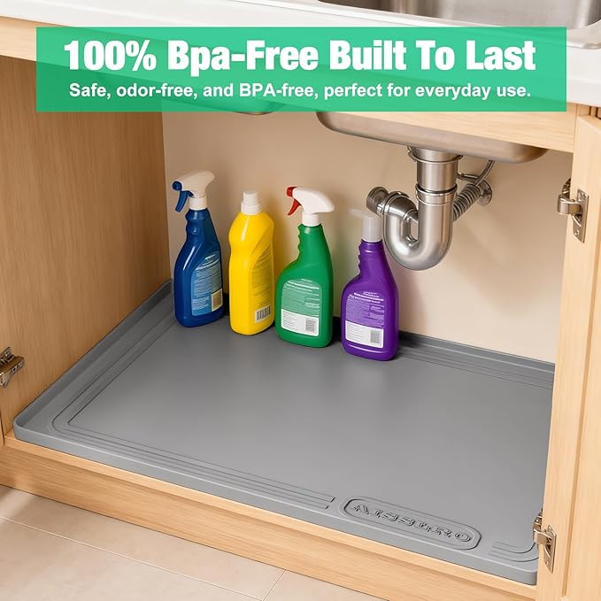 Aisslro Under Sink Mat 34" X 22", Waterproof Silicone Under Sink Mats for Kitchen, Anti-Leak Shelf Liner & Cabinet Protector with Raised Edge, [BPA Free] Bathroom Tray Home Organizer, Gray