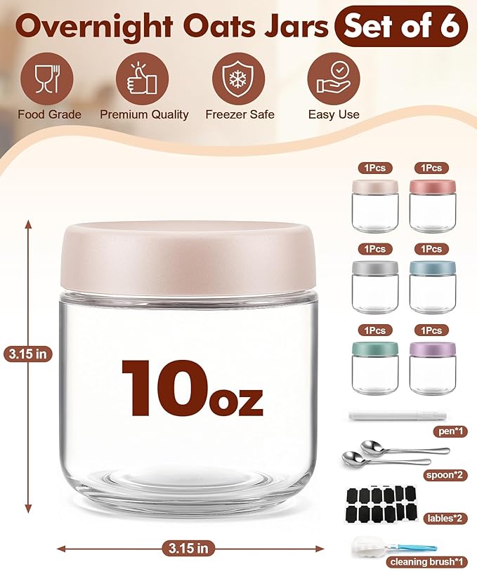 6 pack 10 oz Overnight Oats Containers with Lids and Spoons Glass Jars with Airtight Lids: Wide Mouth Mason Salad Jars, Leakproof and Reusable Glass Food Storage Container for Yogurt Snacks Spice