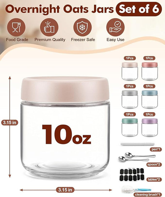 6 pack 10 oz Overnight Oats Containers with Lids and Spoons Glass Jars with Airtight Lids: Wide Mouth Mason Salad Jars, Leakproof and Reusable Glass Food Storage Container for Yogurt Snacks Spice