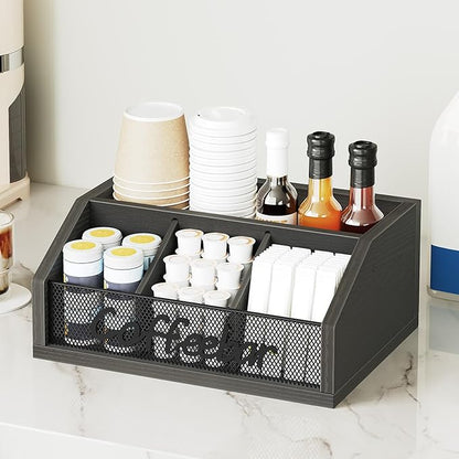 Coffee Bar Organizer, Wooden Coffee Pod Organizer for Countertop, Versatile Pod Holder with Dividers, Holds Syrup, Cups, Tea Bags, Easy Assembly, Black KH11BB