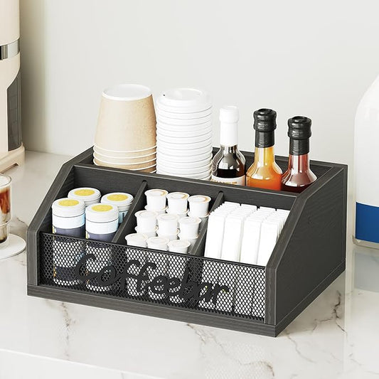 Coffee Bar Organizer, Wooden Coffee Pod Organizer for Countertop, Versatile Pod Holder with Dividers, Holds Syrup, Cups, Tea Bags, Easy Assembly, Black KH11BB