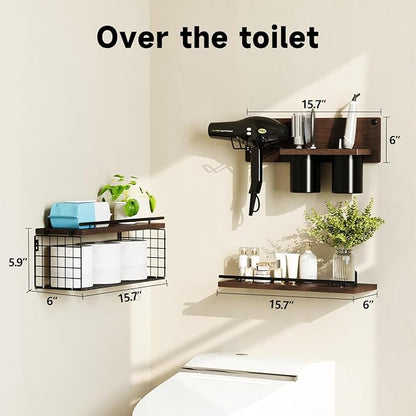 RoleDes Bathroom Floating Shelves Wall Mounted Set of 3, Bathroom Wall Shelf with Blow Dryer Holder & Hair Tool Organizer, Above Toilet Floating Shelves, Modern Farmhouse