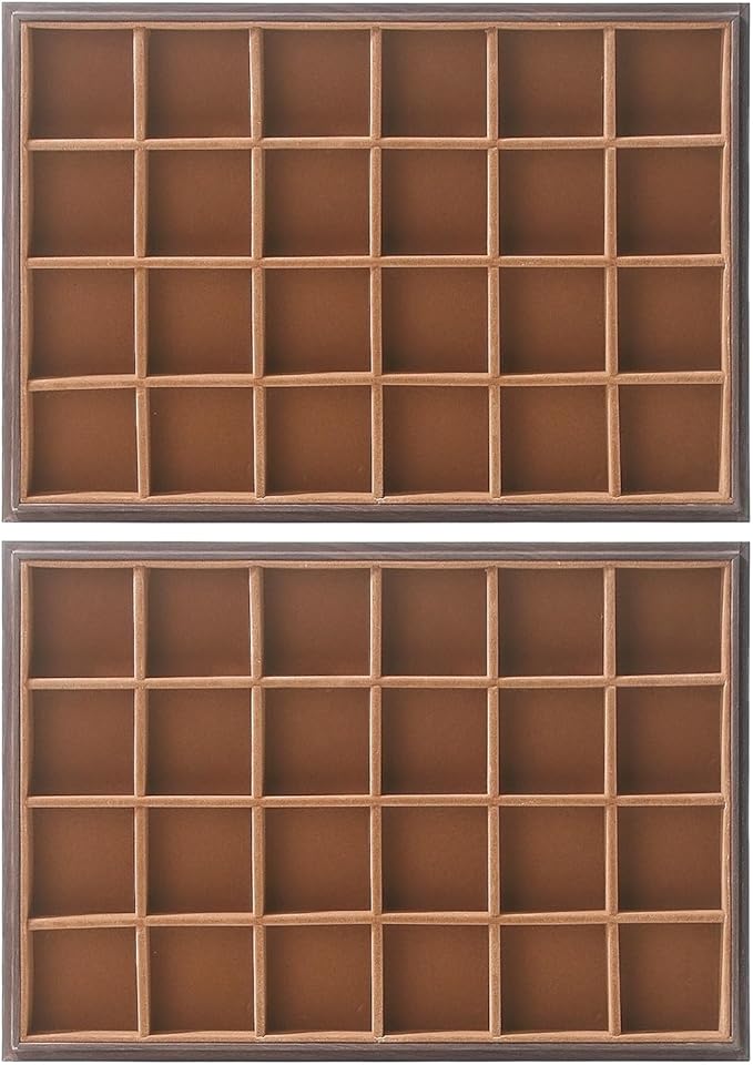 2Pcs/Set Wood Jewelry Organizer Tray, Stackable 24 Grid Jewelry Display Tray for Drawer, Rings Earring Storage Case, Necklace Accessories Display Holder for Store Selling or Home Show