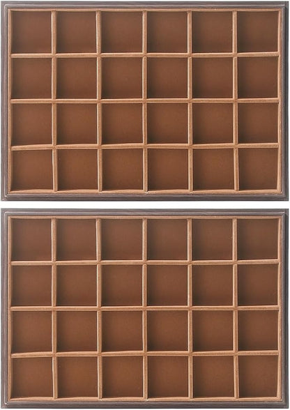 2Pcs/Set Wood Jewelry Organizer Tray, Stackable 24 Grid Jewelry Display Tray for Drawer, Rings Earring Storage Case, Necklace Accessories Display Holder for Store Selling or Home Show