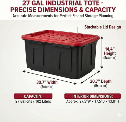 27 Gal Industrial Tote,4 Pack Plastic Storage Bins with Lids Tough Large Storage Bin,Black with Red Lid Plastic Storage,Stackable & Nestable for Garage, Basement, or Outdoor (4 Pack)