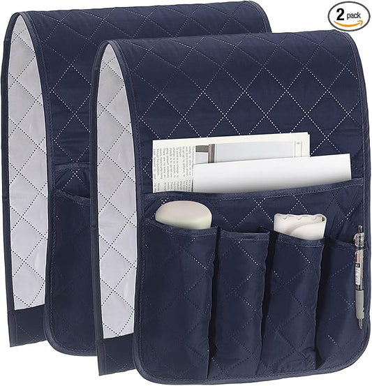 uxcell 2 Pcs Recliner Armchair Caddy, Couch Armrest Organizer with 5 Pockets for Bedside Sofa Remote Control Holder Magazine Phone Book Glasses (Dark Blue, 35"x13")