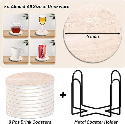 9 Pieces Ceramic Coasters for Coffee Table Absorbent, Billbotk Drink Coasters with Holder, Marble Style Coasters for Wooden Table, Home Decor, Suitable for Kinds of Cups, 4 Inches