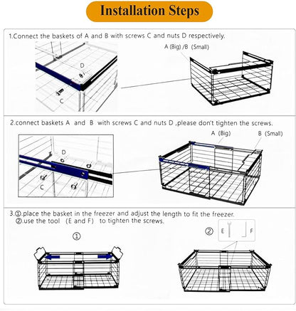 OdoVow Freezer Organizer Bins, 2 Pack Stackable Deep Freezer Organizer Bins, Large Expandable Chest Freezer Containers with Handle, Metal Adjustable Storage Baskets for Kitchen, Pantry (Black)