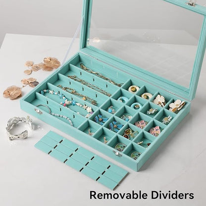 Frebeauty 40 Grid Jewelry Tray,Adjustable Earring Holder Organizer with Glass Lid,Velvet Drawer Jewelry Organizer for Rings,Studs,13.8 x 9.5 x 2 Inches Jewelry Display Box,Gift for Women(Turquoise)