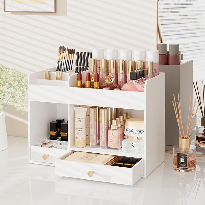 LONTAI Bamboo Makeup Organizer with Drawers, Cosmetic Storage for Lipstick Organizer Beauty Holder Skincare Organizer for Dresser Vanity Bathroom Countertop, No Assembly Required (White)