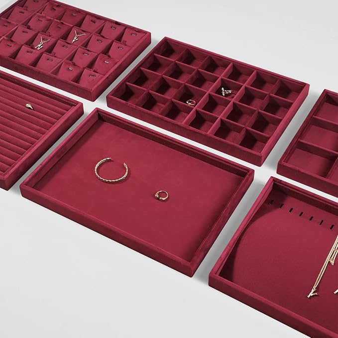 Velvet Jewelry Display Tray For Bracelet Pendant Necklace, Multi-Slot Stackable Storage Tray For Long Chain Jewelries, Drawer Insert Jewelry Organizer (Red)