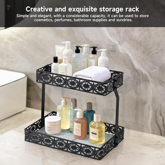xiaojuande-Two Layer Glass Storage Tray with Portable Dressing Table Skin Care Product Organization Rack Corner Storage Rack for Bathroom Counter High-end Light Luxury Display Plate - Gold (Black)