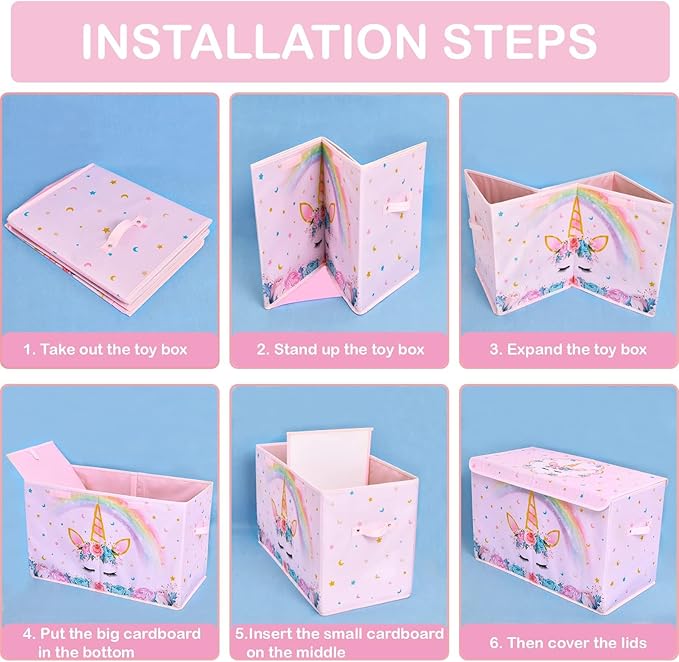 WERNNSAI Unicorn Toy Box - Collapsible Oxford Storage Bin with Handles 25" x 13" x 16" Toys Clothes Books Chest Organizer Cube with Flip-top Lid for Girls Kids Bedroom Nursery Living Room