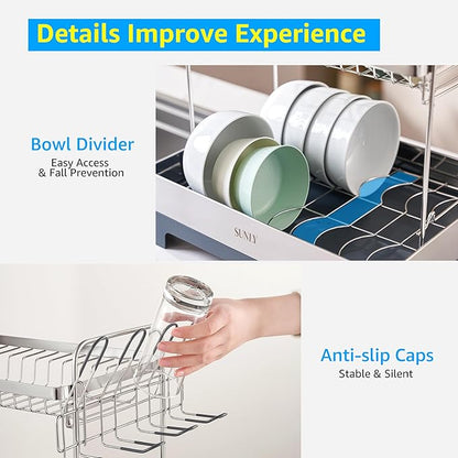 SUNLY Large Dish Drying Rack, Multipurpose 2 Tier Dish Racks for Kitchen Counter, 304 Stainless, Extra Large Drain Board