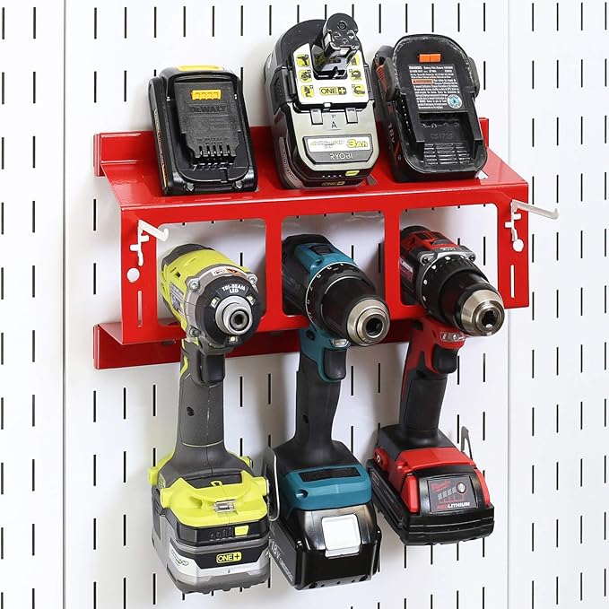 Wall Control Drill Holder Power Tool Storage Rack - Compact Impact Drill Battery Power Tool Pegboard Organizer Pegboard (Red)
