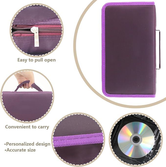 DVD Case CD Storage,128 Capacity CD Cases Holder DVD Storage Case Holders CD DVD Disc Case Storage Wallet Binder for Car Home Office Travel (128 Purple)