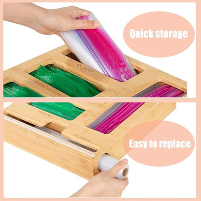 5 in 1 Bamboo Ziplock Bag Organizer Box and Plastic Wrap/Foil/Wax Dispenser with Cutter, Storage Box for Ziplock Bag (Gallon/Quart/Sandwich/Snack), Apply to Kitchen Drawer/Countertop/Wall