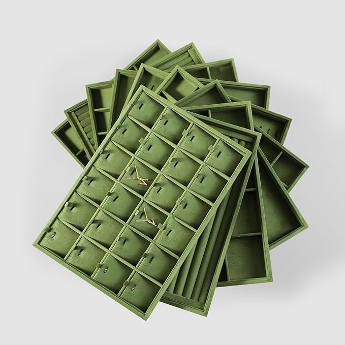 Velvet Stackable Jewelry Display Flat Tray For Ring Earring Necklace Bracelet, Bangle Pendant Storage Blank Plate, Shop Countertop Jewelry Dish Organizer (Olive Green)