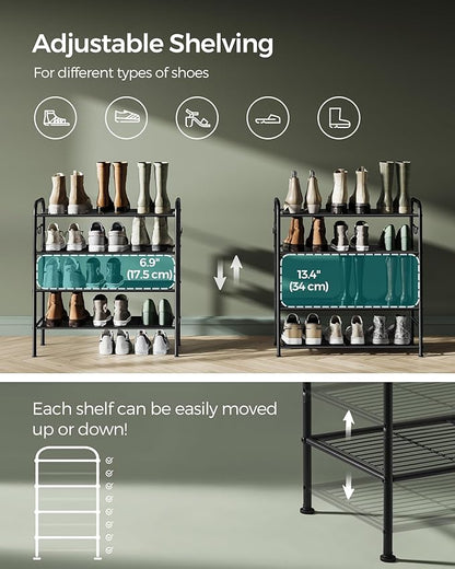 SONGMICS Shoe Rack, 4-Tier Shoe Organizer, Metal Shoe Shelf Storage with 4 Side Hooks, Holds 16 Pairs of Shoes, Height-Adjustable Shoe Rack for Entryway, Hallway, Closet, Ink Black ULMR069B01