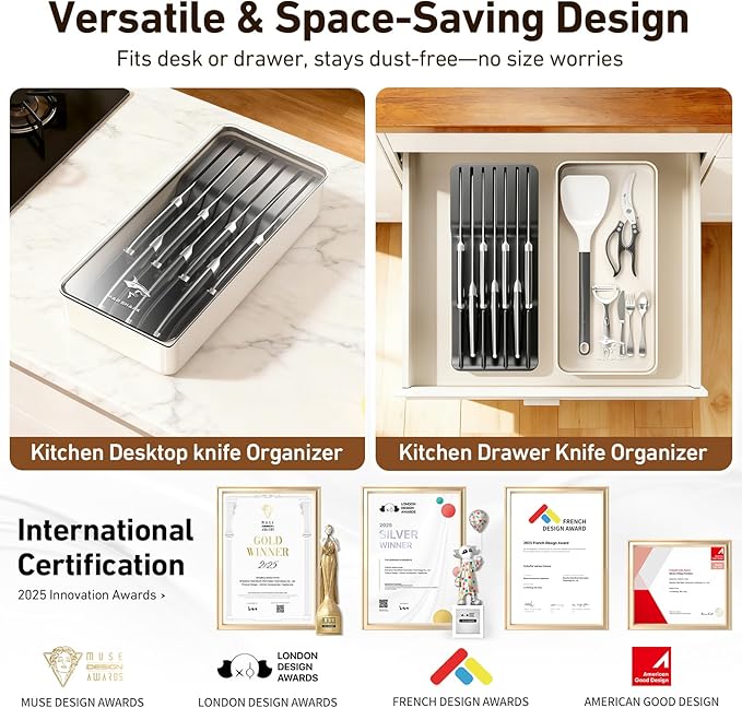 MAD SHARK 2-in-1 Detachable Knife Block & Silverware Organizer, Drawer Knife Holder for 7 Knives, BPA-Free, Blade-Safe Slots, Save Counter Space, Kitchen Drawer or Counter Storage, No Knives