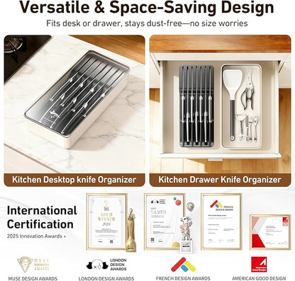 MAD SHARK 2-in-1 Detachable Knife Block & Silverware Organizer, Drawer Knife Holder for 7 Knives, BPA-Free, Blade-Safe Slots, Save Counter Space, Kitchen Drawer or Counter Storage, No Knives