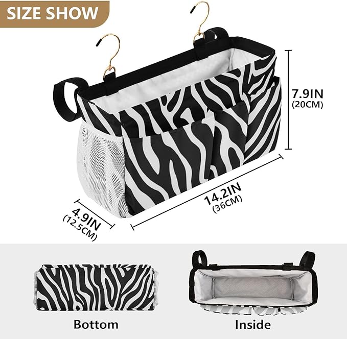 CuwrYet Bedside Caddy Hanging Bunk Bed Caddy Bed Organizer Hanging Pocket with 2 Hooks Bedside Storage Organizer Pocket Bag Holder White Black Zebra Print