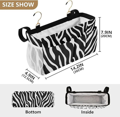 CuwrYet Bedside Caddy Hanging Bunk Bed Caddy Bed Organizer Hanging Pocket with 2 Hooks Bedside Storage Organizer Pocket Bag Holder White Black Zebra Print