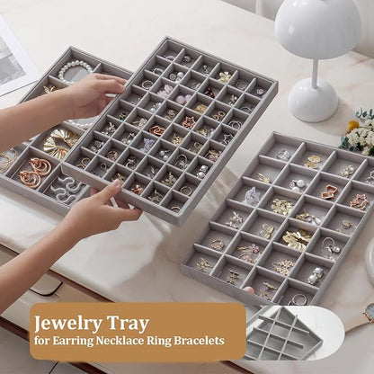 KATISYIO Large Jewelry Drawer Organizer Trays Set of 4, Stackable Velvet Jewelry Trays Organizer Holder Display Storage Showcase for Earring Necklace Bracelet Ring Accessary (Gray, 12+12+24+48 Grids)