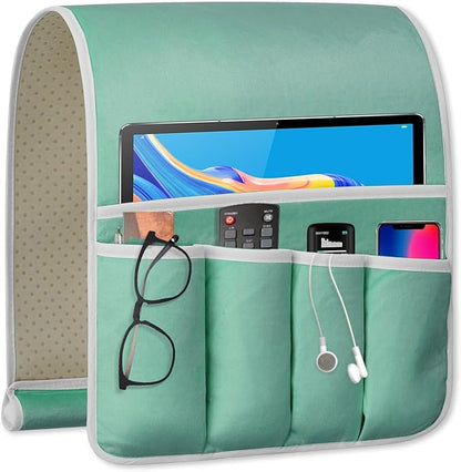 Remote Control Holder for Armchair Caddy, Couch TV Remote Holder for Bed Storage 5 Pockets，Remote Caddy Bedside Organizer Bedside Table Organizer (MintGreen, 35"x12.4")