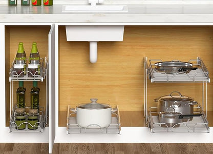 OCG Pull Out Cabinet Organizer (14.75" W x 17" D), Pull out Drawers, Cabinet Pull Out Shelves for Base Cabinet Organization in Kitchen Bathroom Pantry, Bottom Mount, Chrome Finish