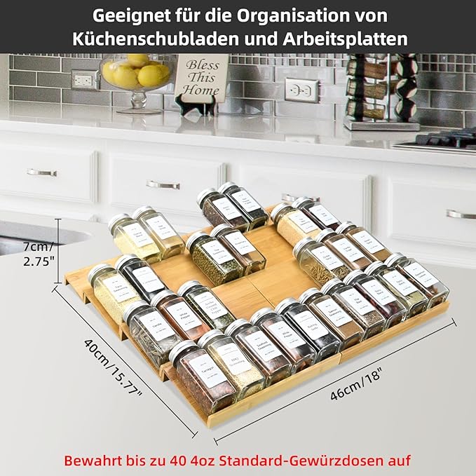 KitHero Spice Drawer Organzier,4 Tiers- 8Pcs Bamboo Spice Rack Tray Insert for Cabinet Drawer Countertop, Kitchen Seasoning Storage Drawer Organization,18" Wide x 15.8" Deep （Hold UP To 40 Jars
