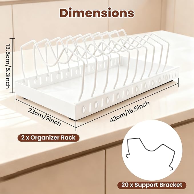 WODHMIEY 2 Pcs Pots and Pans Organizer Under Cabinet - Expandable Pull Out Cabinet Organizer for Pots and Pans, Pan and Lid Organizers Inside Cabinet, Adjustable Storage Rack (WHITE)