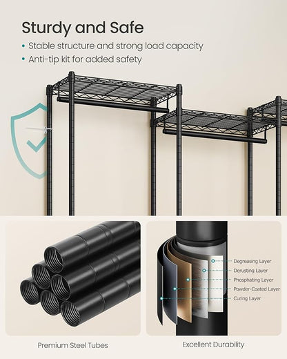 SONGMICS Heavy-Duty Clothes Rack, Garment Rack, Portable Closet, 56.9-Inch Wide Clothing Rack, with Adjustable Mesh Shelves and Hanging Rails, Ink Black ULGR432B01