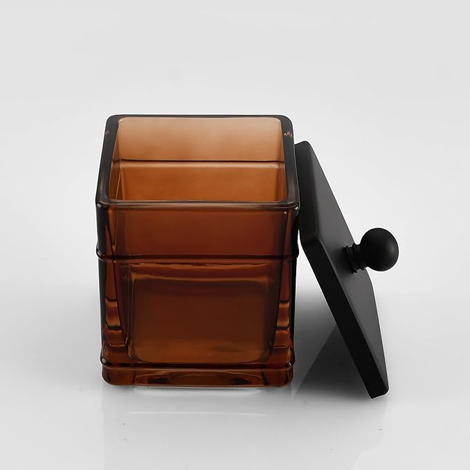 Indecor Home Amber Glass Cotton Jar Holder – Black Lid Elegant Bathroom Storage Canister for Qtips, Cotton Balls, Floss, Makeup Organizer, Vanity & Bathroom Organization