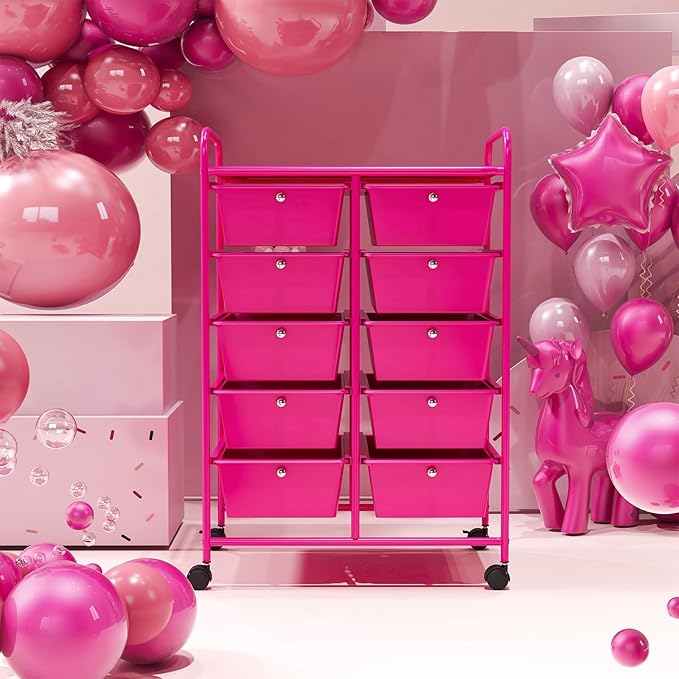 GOFLAME 10-Drawer Rolling Storage Cart, Art Craft Storage Organizer on Wheels, Multipurpose Movable Utility Cart for School, Office and Home, Hot Pink