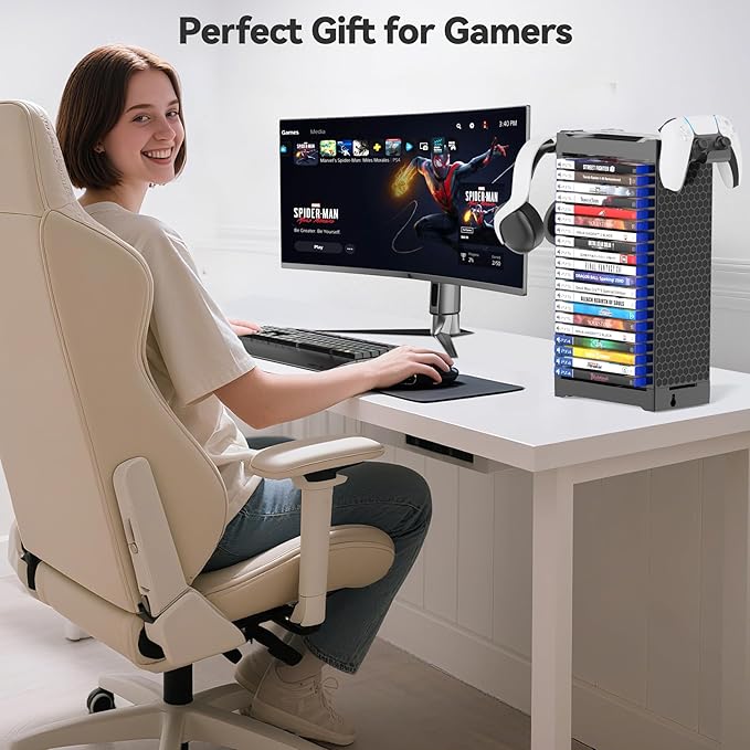 Video Game Storage Tower Holder with Controller Stand, Wall Mount Game Organizers and Storage for Nintendo Switch 2/ PS5/4/ XboxOne/Series, Vertical & Horizontal Stand for 20 Gaming Discs Accessories
