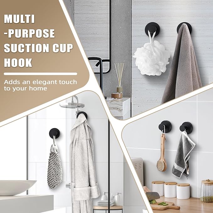 Fenas Suction Cup Hooks for Shower No-Drill Bathroom Hooks for Towels, Robes, Loofah Mountable on Bathroom Walls, Kitchen, Glass, Mirrors, Tile and Smooth,Non-Porous Surfaces (4, Matte Black)