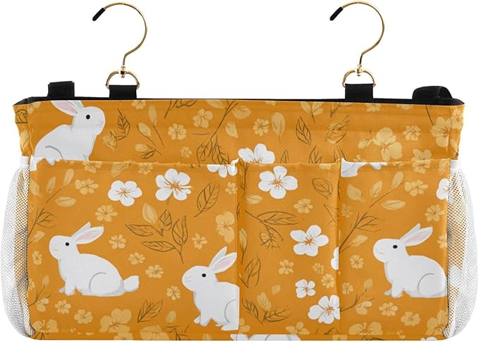 CuwrYet Bedside Caddy Hanging Bunk Bed Caddy Bed Organizer Hanging Pocket with 2 Hooks Bedside Storage Organizer Pocket Bag Holder White Flowers Bunny Orange Leaf
