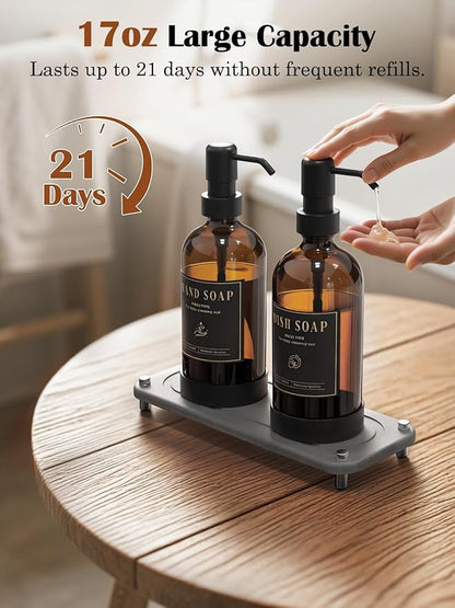 Luxspire Soap Dispenser Set, Hand Soap Dispensers with Fast Drying Tray, 17 oz Glass Refillable Liquid Bottle for Bathroom & Kitchen, Kitchen, 2 Pack, Brown + Dark Gray