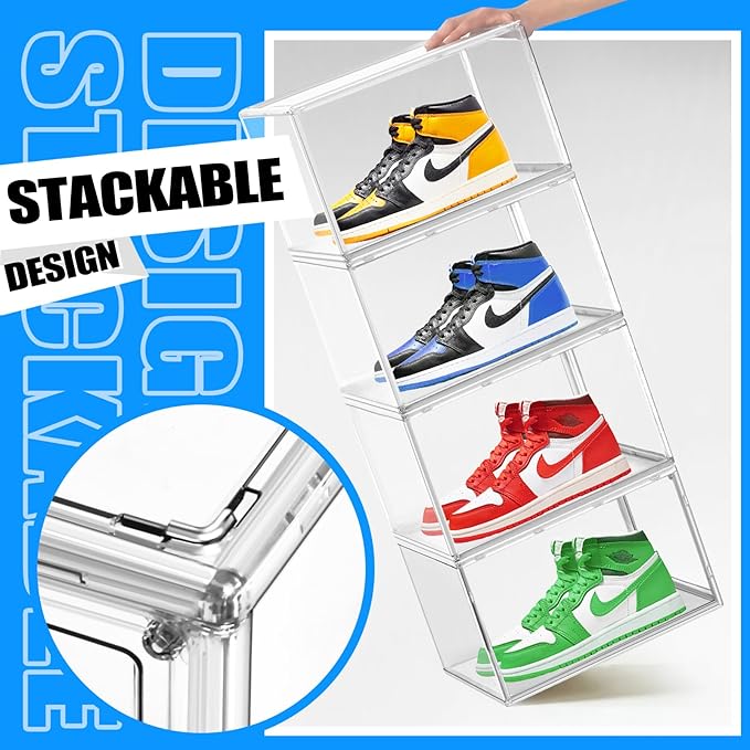 EDS FAM 10 Pack Acrylic Shoe Storage Boxes Size 12, Stackable Sneaker Display Case Shoe Containers with Magnetic Lid, Clear Shoe Storage Cabinet for Entryway, Closet, Underbed